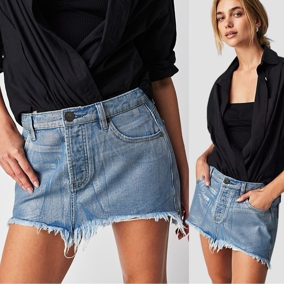 Free People OneTeaspoon Blue Future Junkyard Micro Mini Skirt 25 Shimmer Fray - Picture 10 of 17